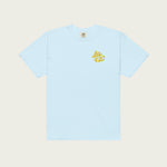 Front view of a light blue t-shirt with ‘It’s 420’ embroidered in small, clean lettering on the chest