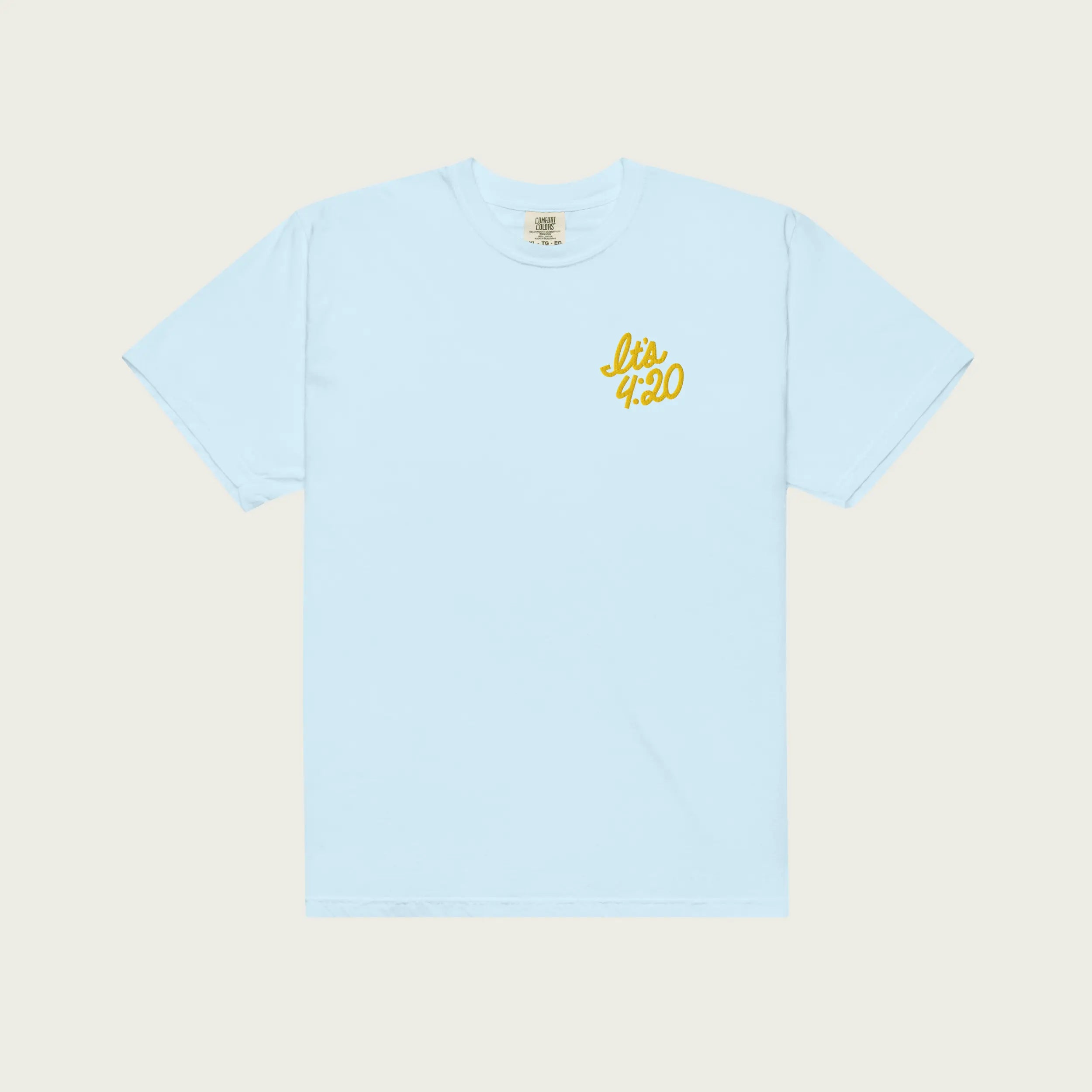 Front view of a light blue t-shirt with ‘It’s 420’ embroidered in small, clean lettering on the chest