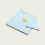 Close-up of the ‘It’s 420’ embroidery detail on soft light blue fabric.