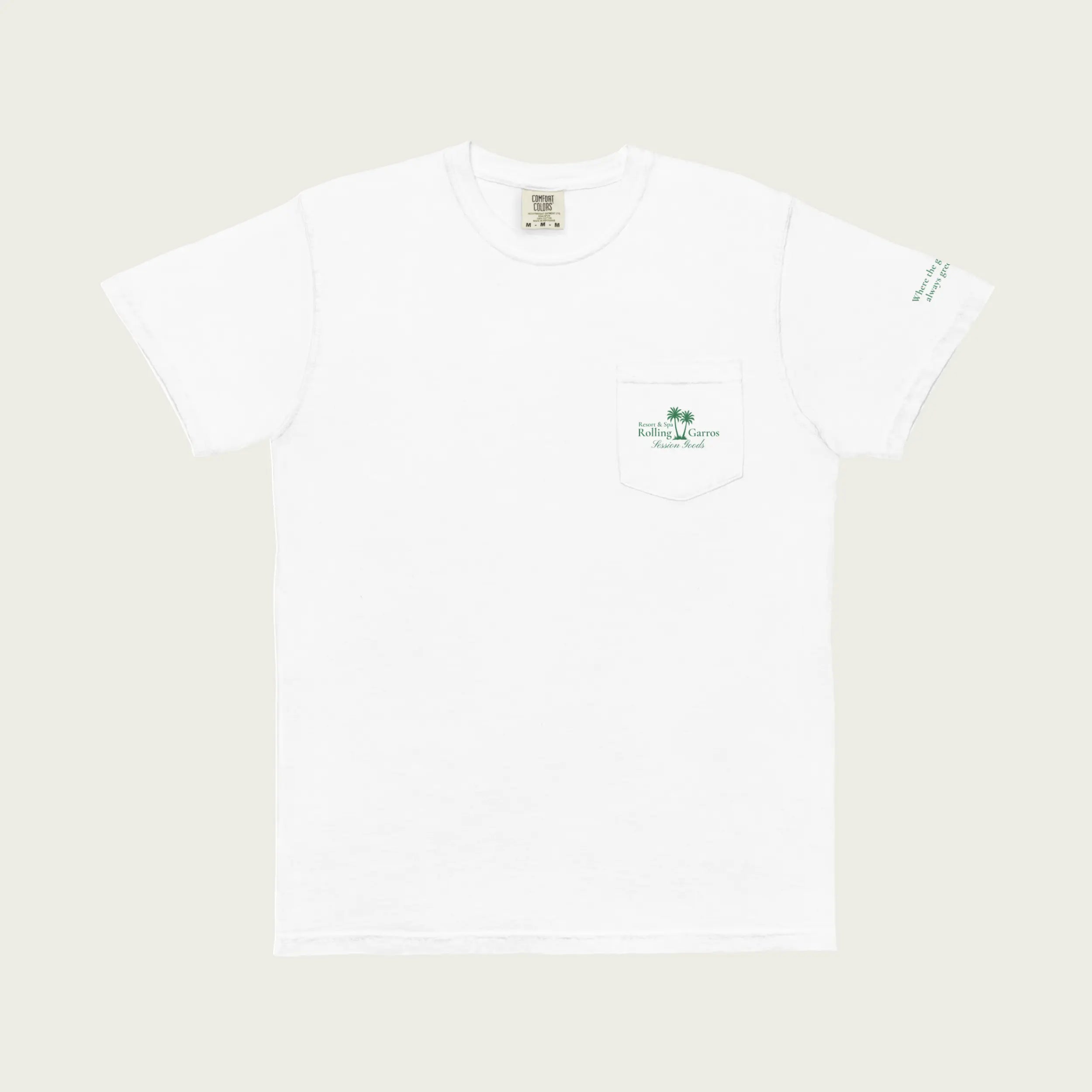 White Session Goods Rolling Garros club t-shirt with front pocket and small green palm tree logo.