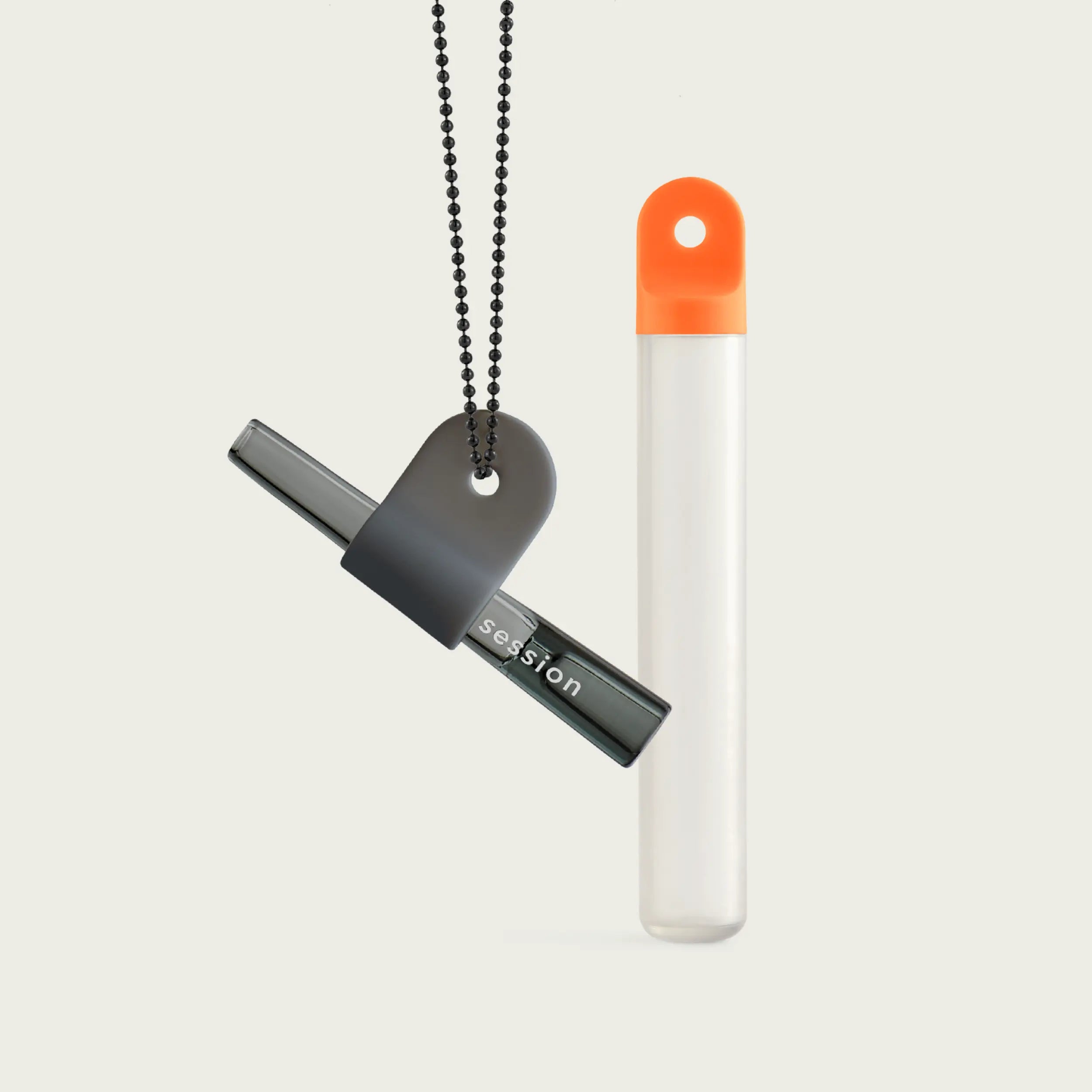 Minimalist one-hitter with a stylish black chain and horizon orange stash tube by Session Goods.