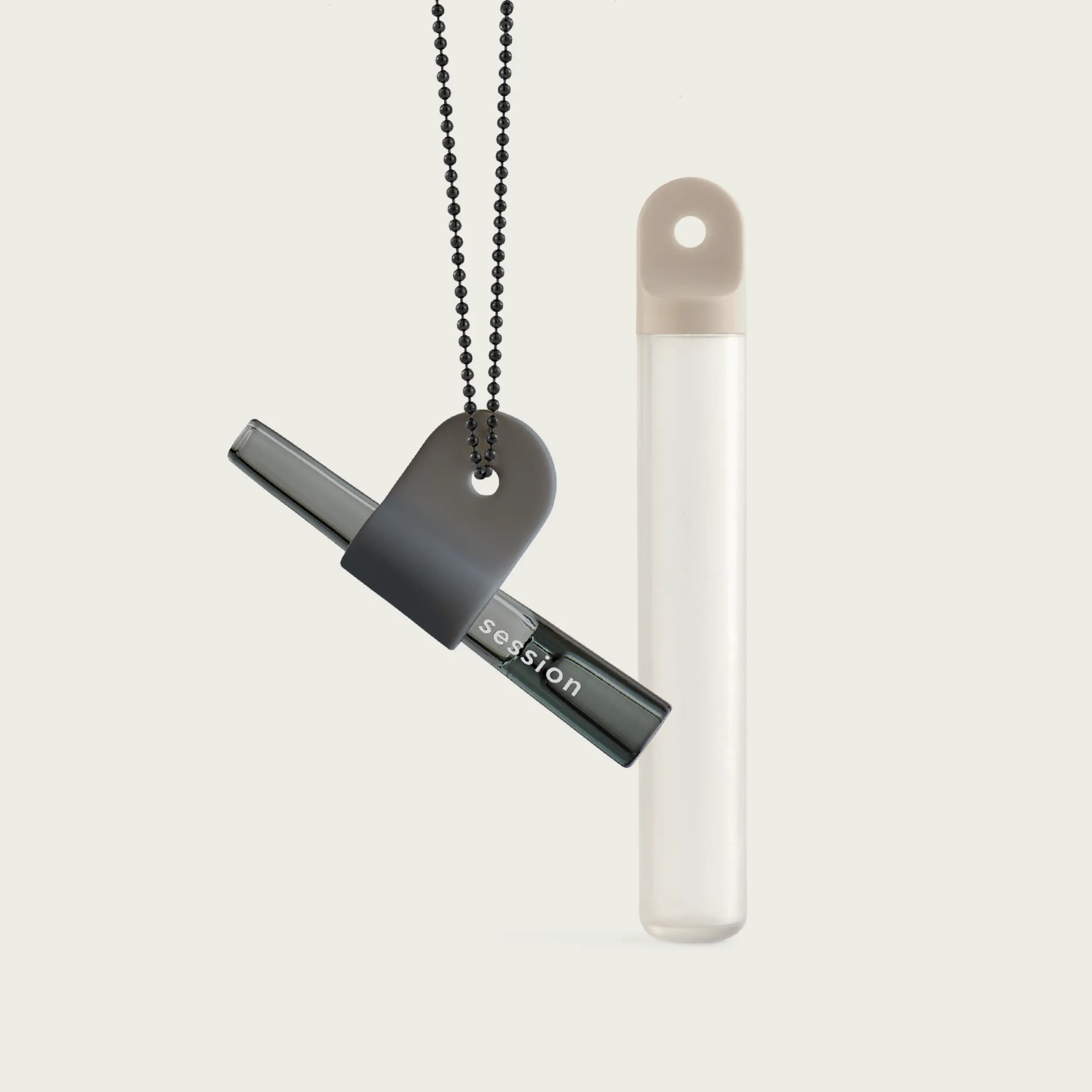 Session Goods one-hitter with a modern black chain and memory off-white stash tube for on-the-go use.