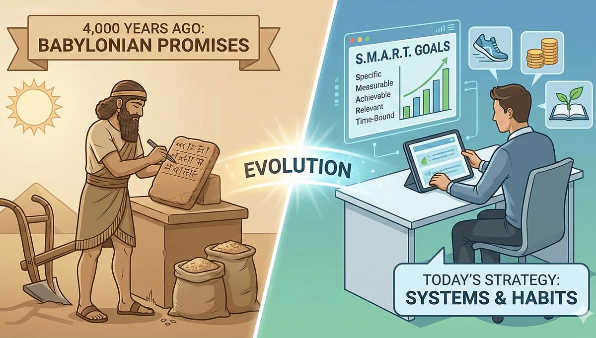 An illustration contrasting the 4,000-year evolution of New Year's resolutions.