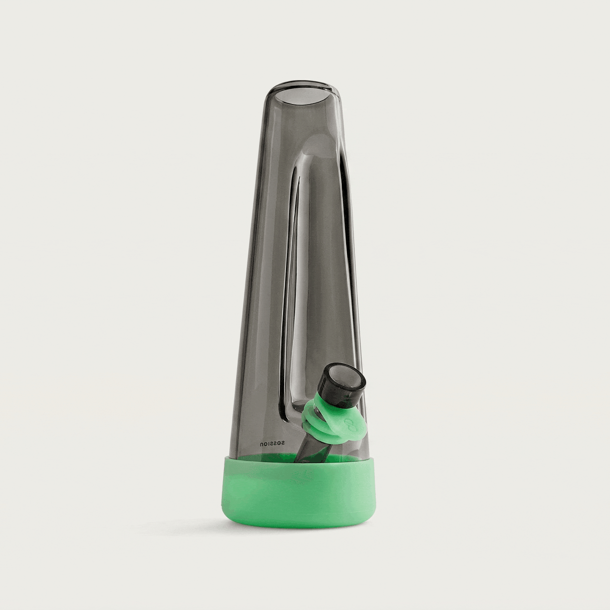 Animation showing a dark glass water pipe transitioning between light studio lighting and glowing green in the dark.