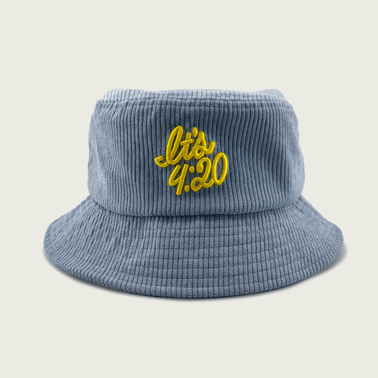 Session Goods corduroy bucket hat in light blue, featuring yellow embroidered script that reads, "It's 4:20". Also a coffee mug and yellow bucket hat with script that reads "its 4:20"