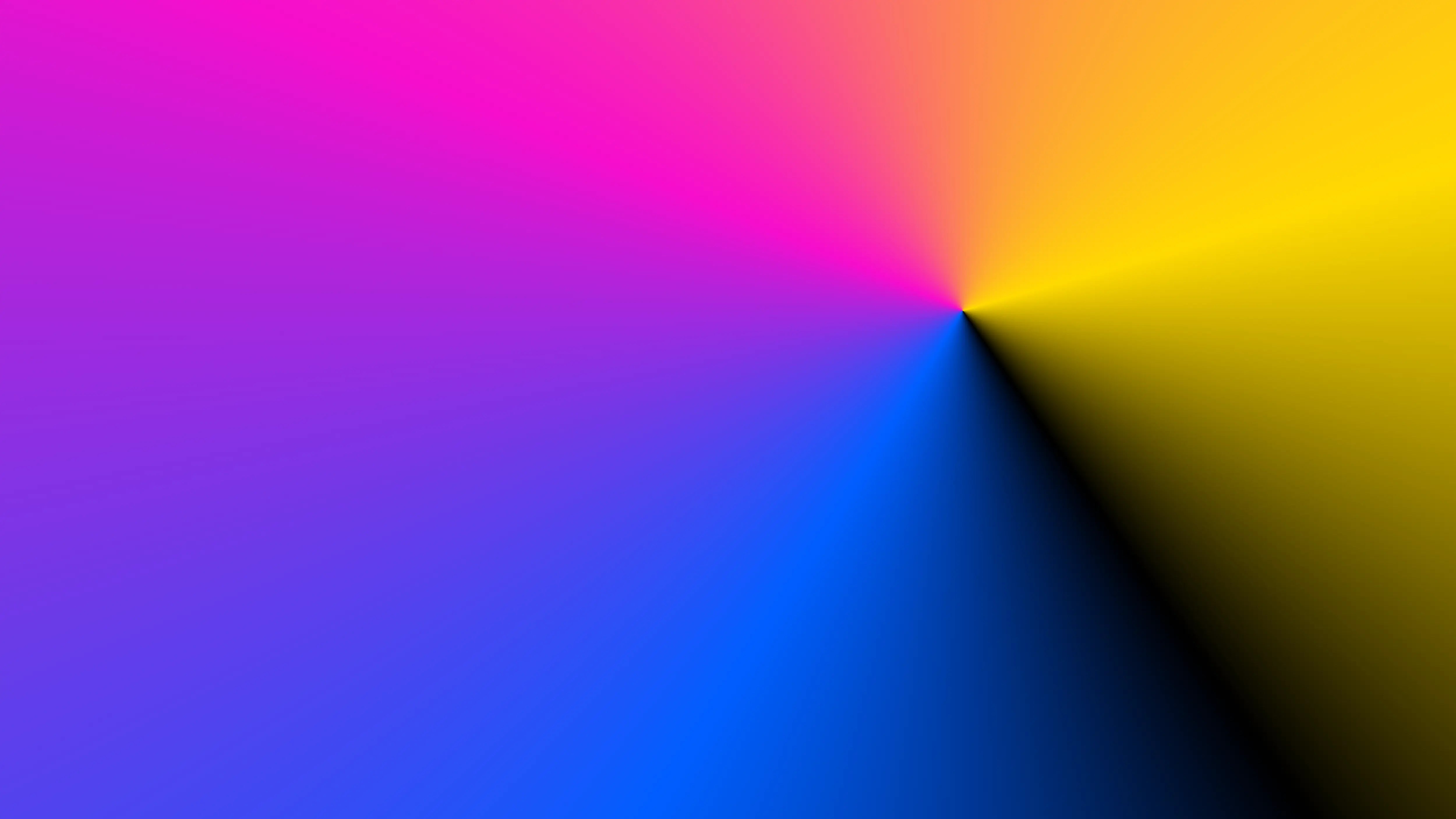 A vibrant, geometric representation of the CMYK color model. The image shows a smooth, clockwise gradient from deep blue-violet to hot pink, orange, and bright yellow, concluding with a hard-edged black segment.