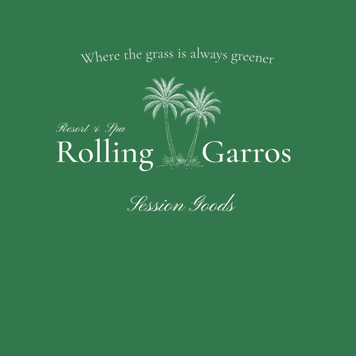 Logo of Rolling Garros Resort & Spa with palm trees on a green background