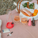 A stylish outdoor picnic setup on a red and white checkered blanket featuring a Session Goods glass bong with cherry red silicone, glasses of rosé wine, sandwiches, fruit, and modern smoking accessories.