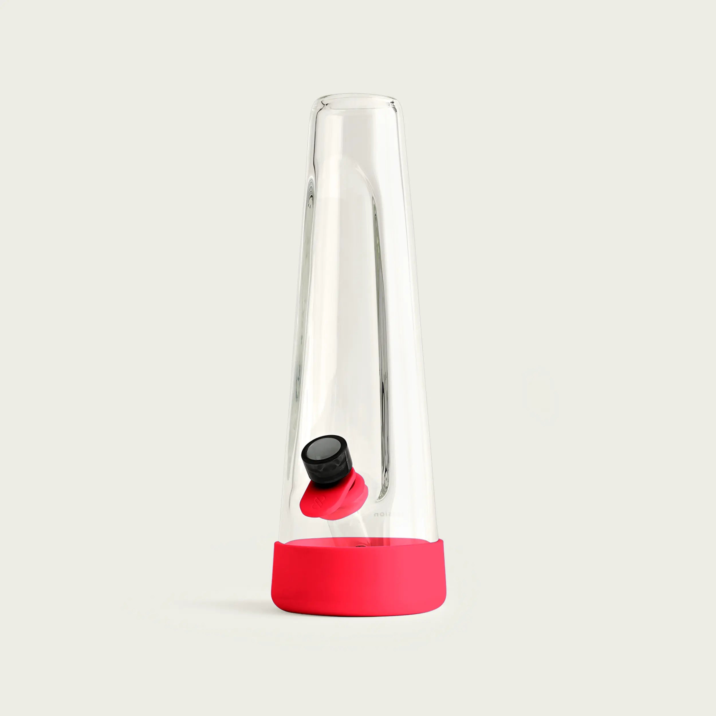 A minimalist clear glass Session Goods bong standing upright, featuring an ergonomic indented design, a cherry red silicone protective base, and a black bowl piece with a red silicone tab.
