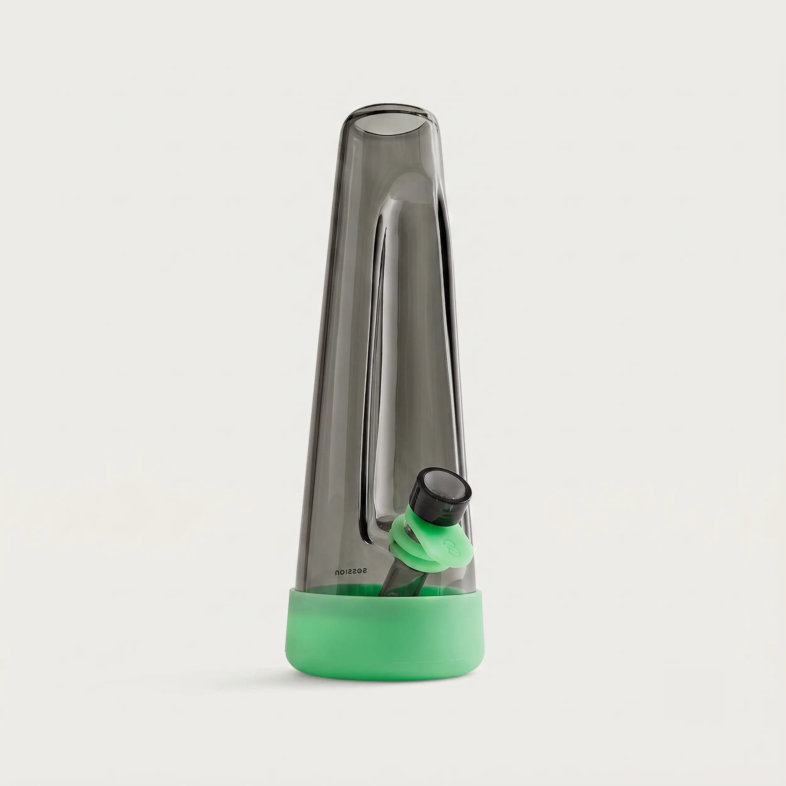 A modern, tapered dark glass water pipe with mint green silicone base cover and bowl grip against a plain light gray background.