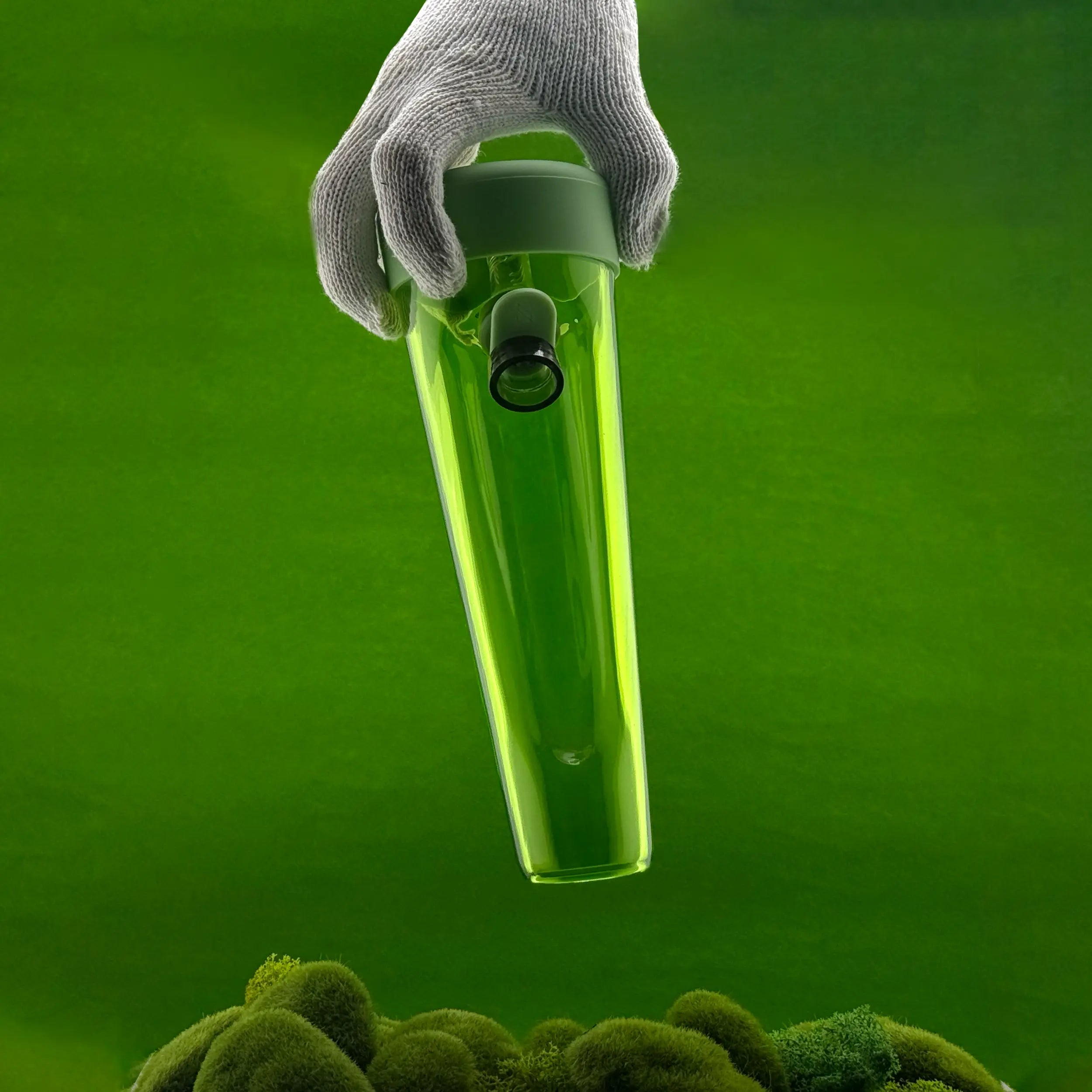 Gloved hand holding the Session Goods Designer Series Grass Bong above a mossy surface, with a vibrant green backdrop highlighting the sleek glass design