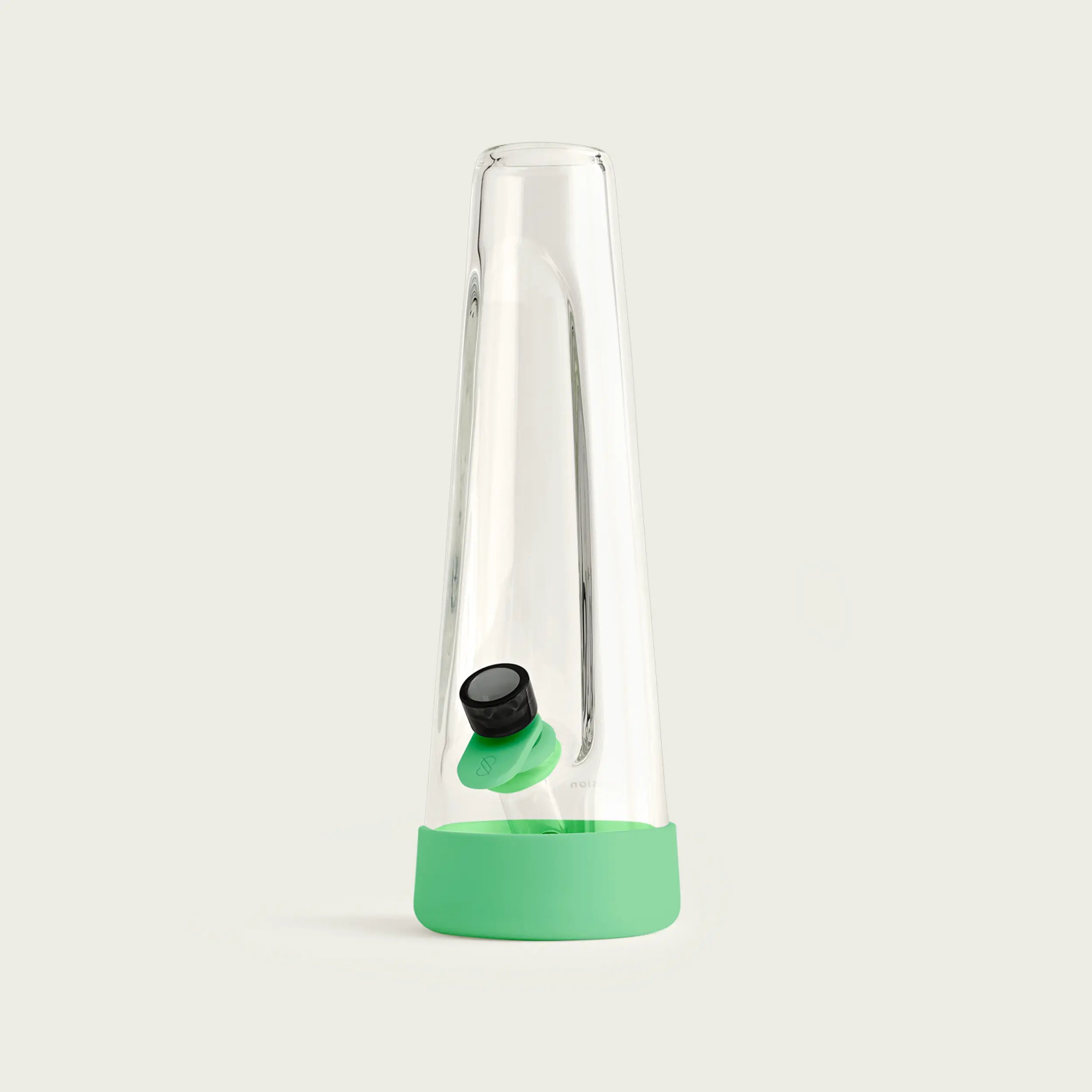 Minimalist Session Goods designer glass bong standing upright against a clean white background, showcasing the clear tapered glass and vibrant daytime lime green silicone base.