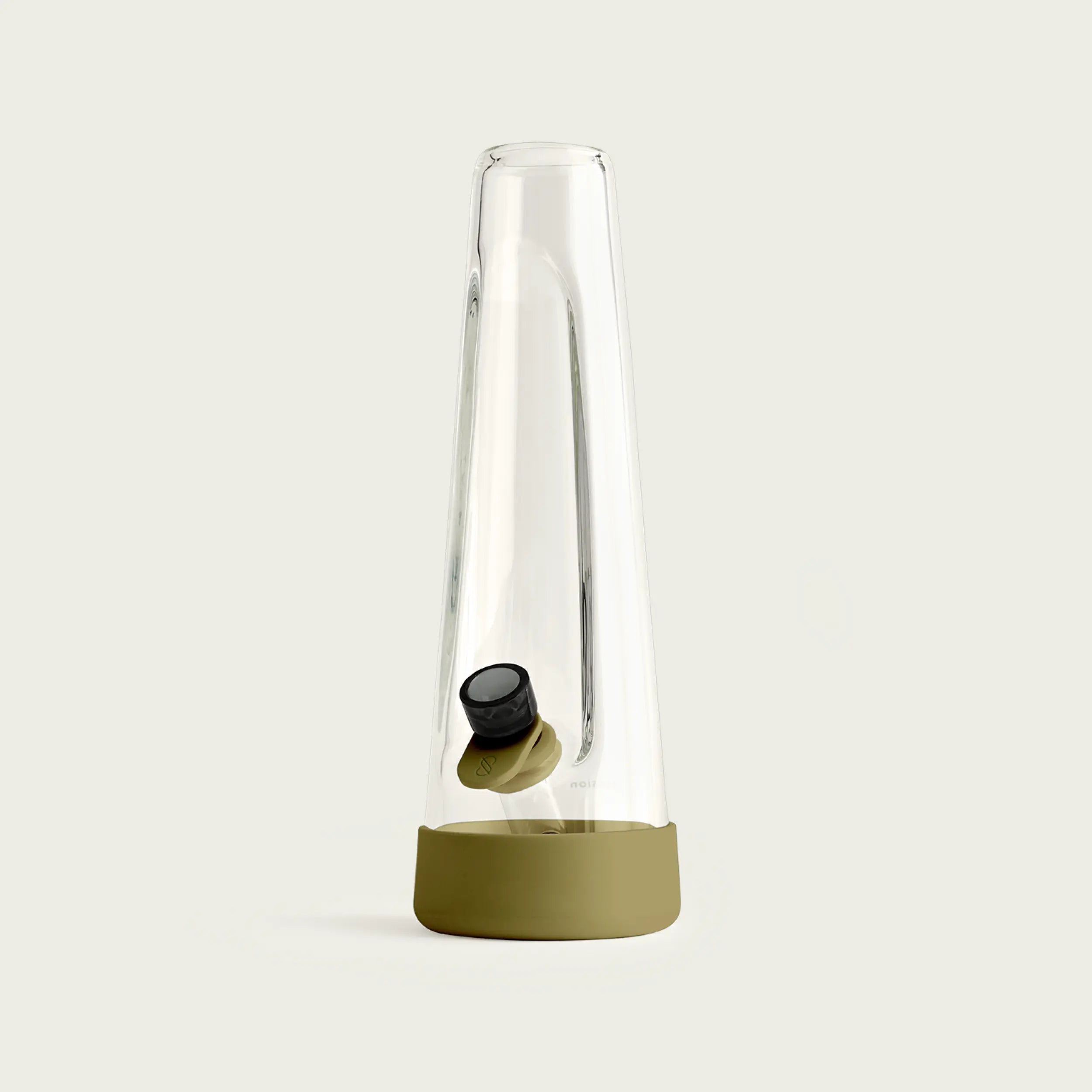 Front view of a Session Goods designer glass water pipe featuring an olive green silicone footer and bowl tab. The sleek, conical clear glass body sits on a clean white surface in a minimalist studio setting.