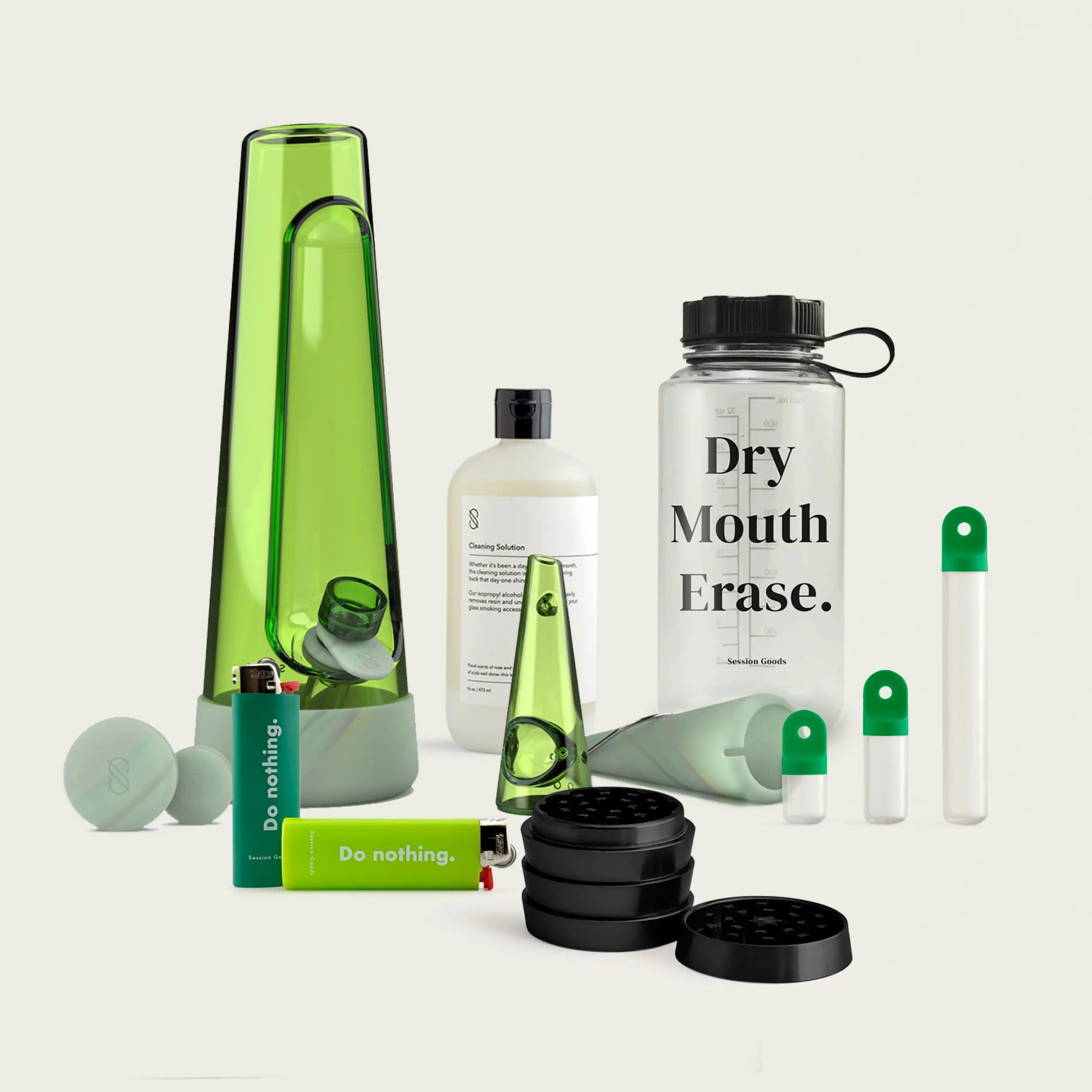 glow-in-the-dark green glass bong & pipe. the ultimate bundle also includes stash jar, ashtray and on-hitter