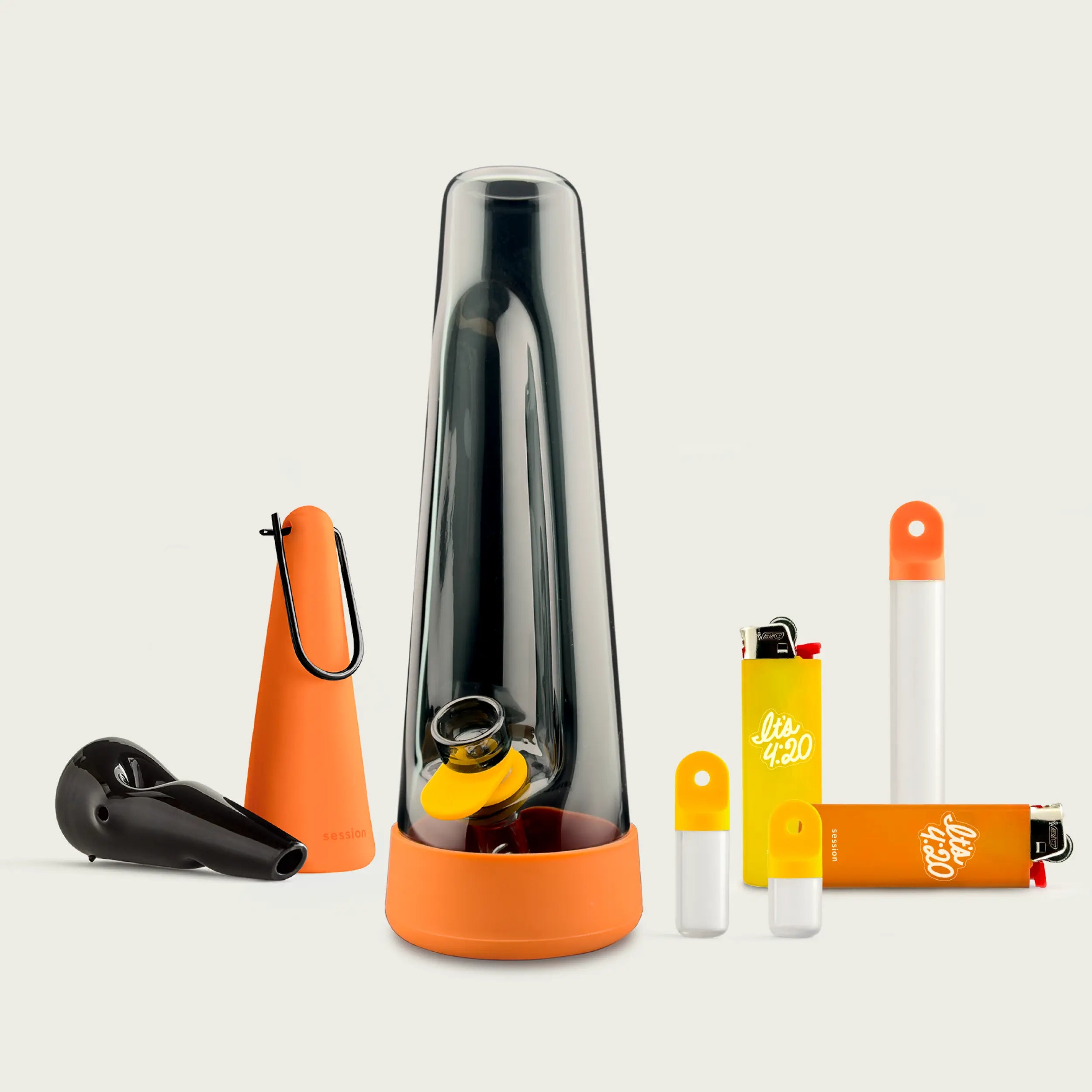 Session Goods Harvest Designer Ash Bong Bundle featuring the black glass bong with orange silicone base, black designer pipe, orange lighter carry case, and yellow 4:20 custom lighters and stash kit.