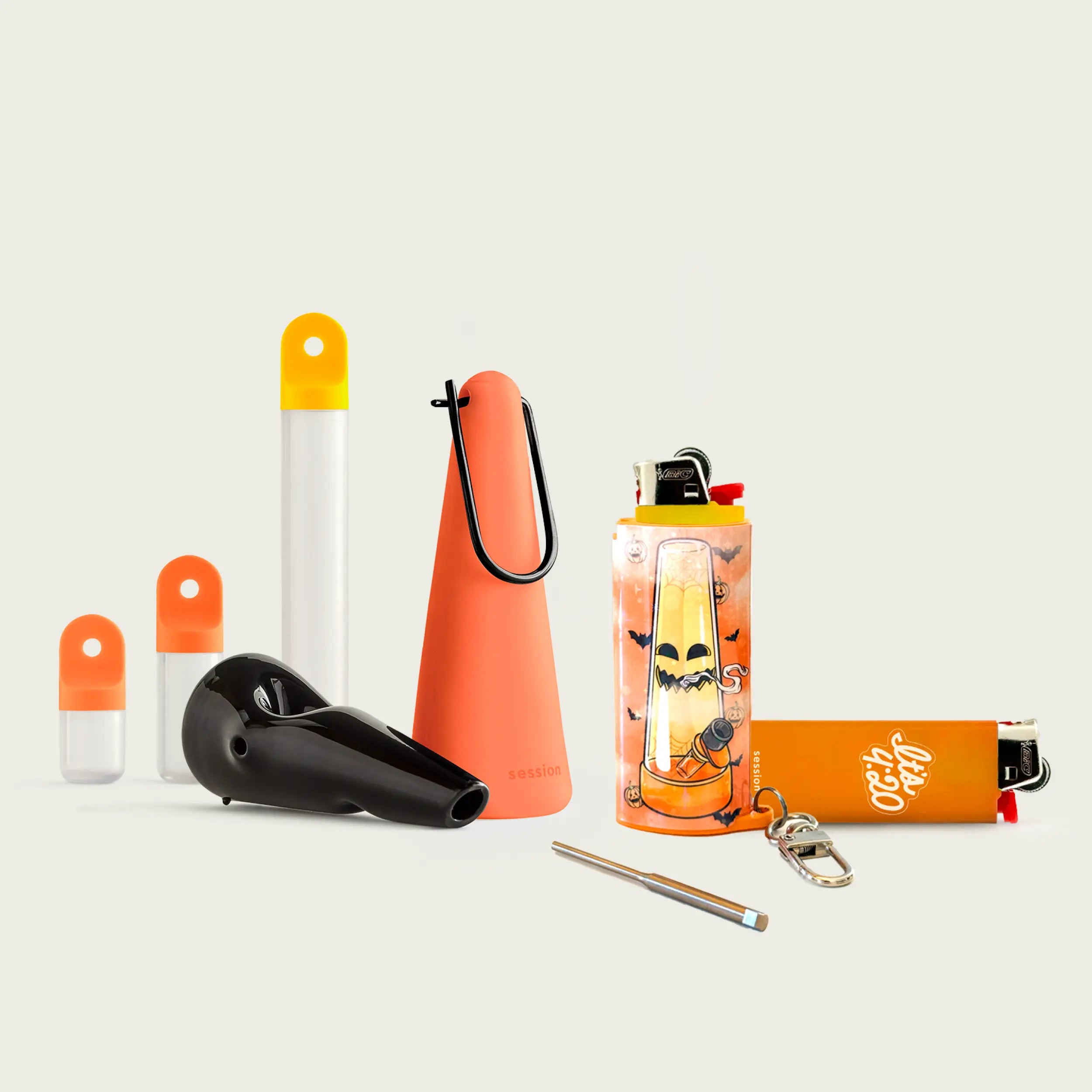 Session Goods Harvest Festival Kit Bundle with black designer portable pipe, LilxBun lighter carry, 4:20 lighter, and orange stash kit.