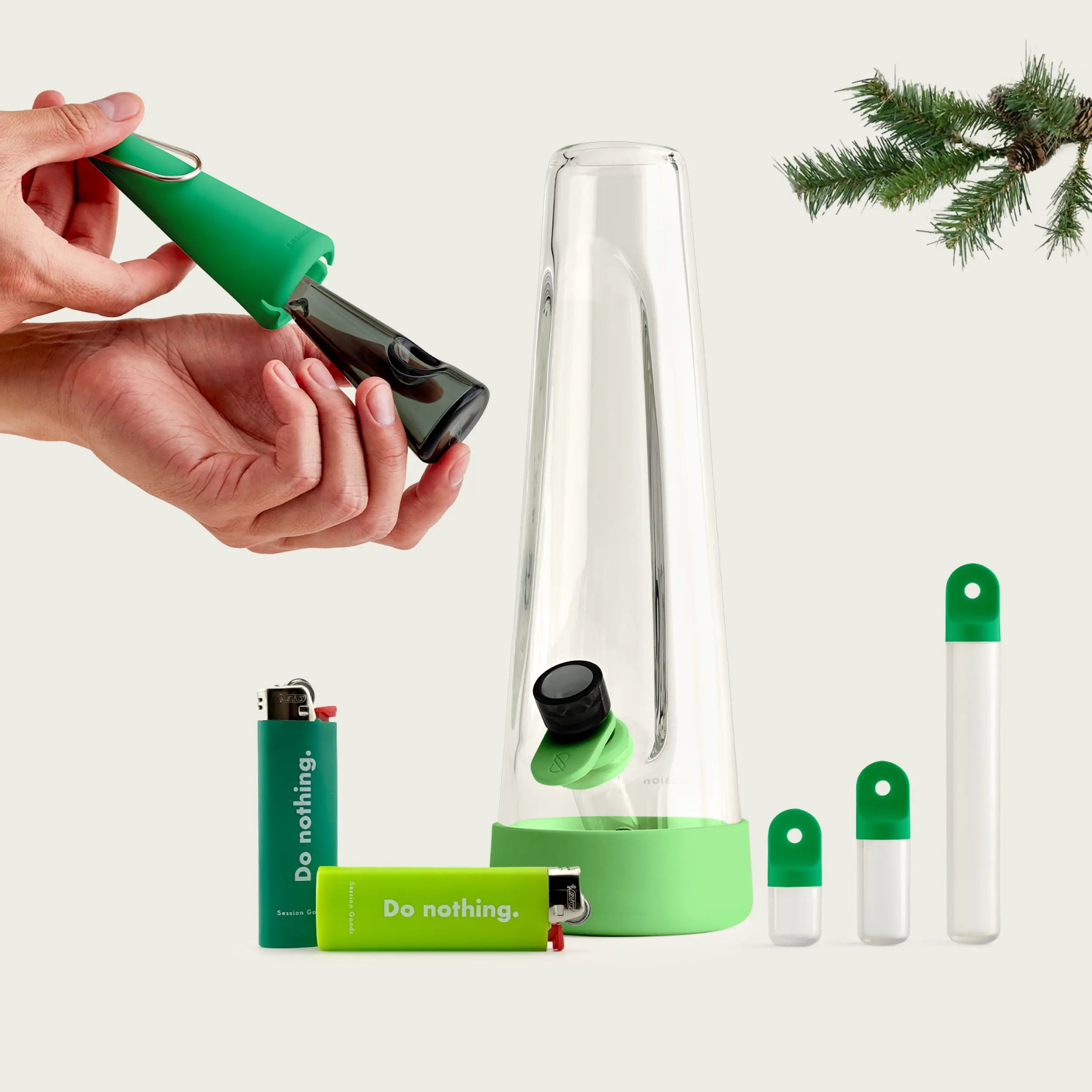 Discover festive vibes with our Holiday Bundle: Celery Green Bong, Desire Green Pipe, Stash Kit, and a 2-Pack of Green Lighters.