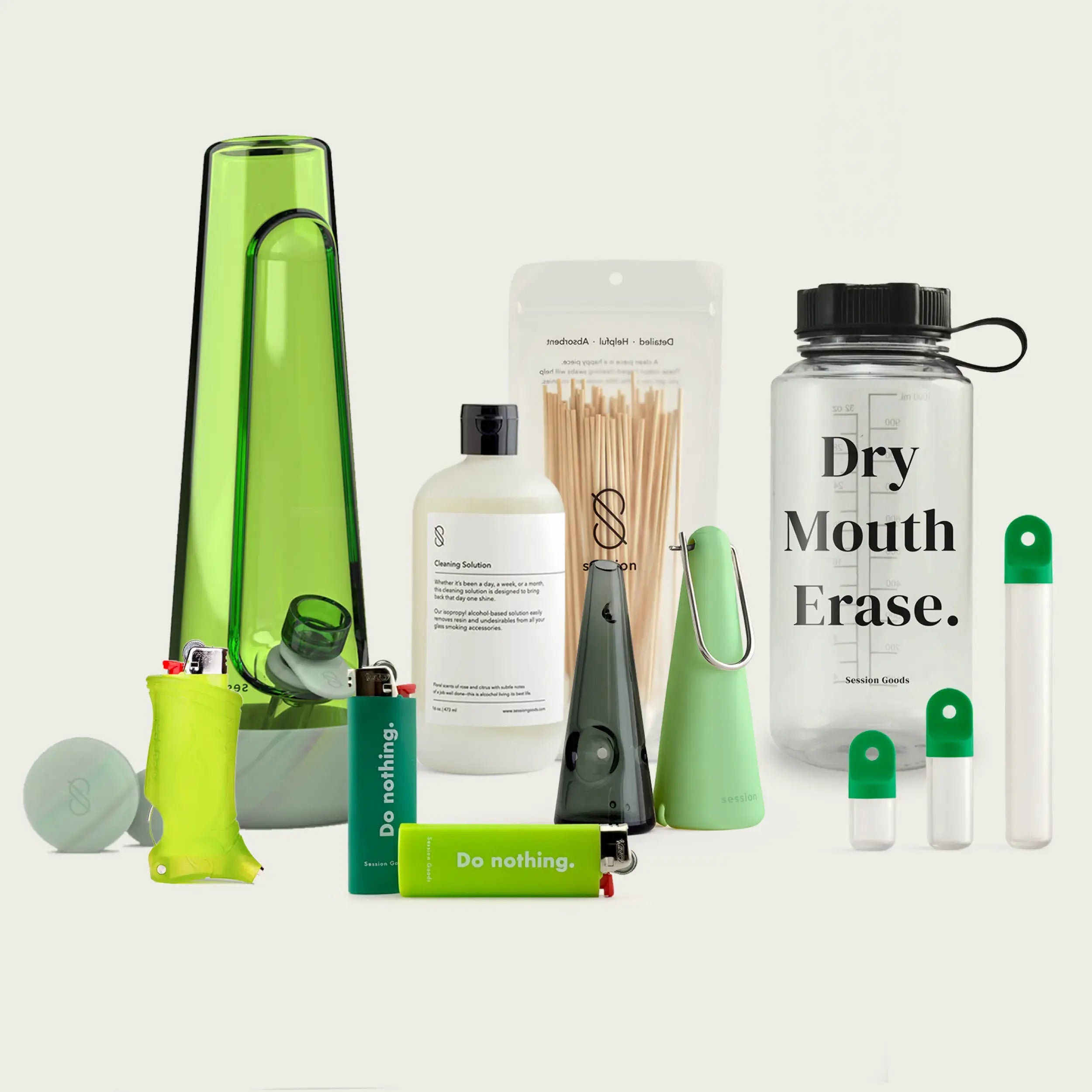 Session Goods Ultimate GLOW bundle, featuring; Designer Series Bong in Glow in the dark, water bottle, stash kit, pipe in celery, do nothing green lighters, cleaning kit.