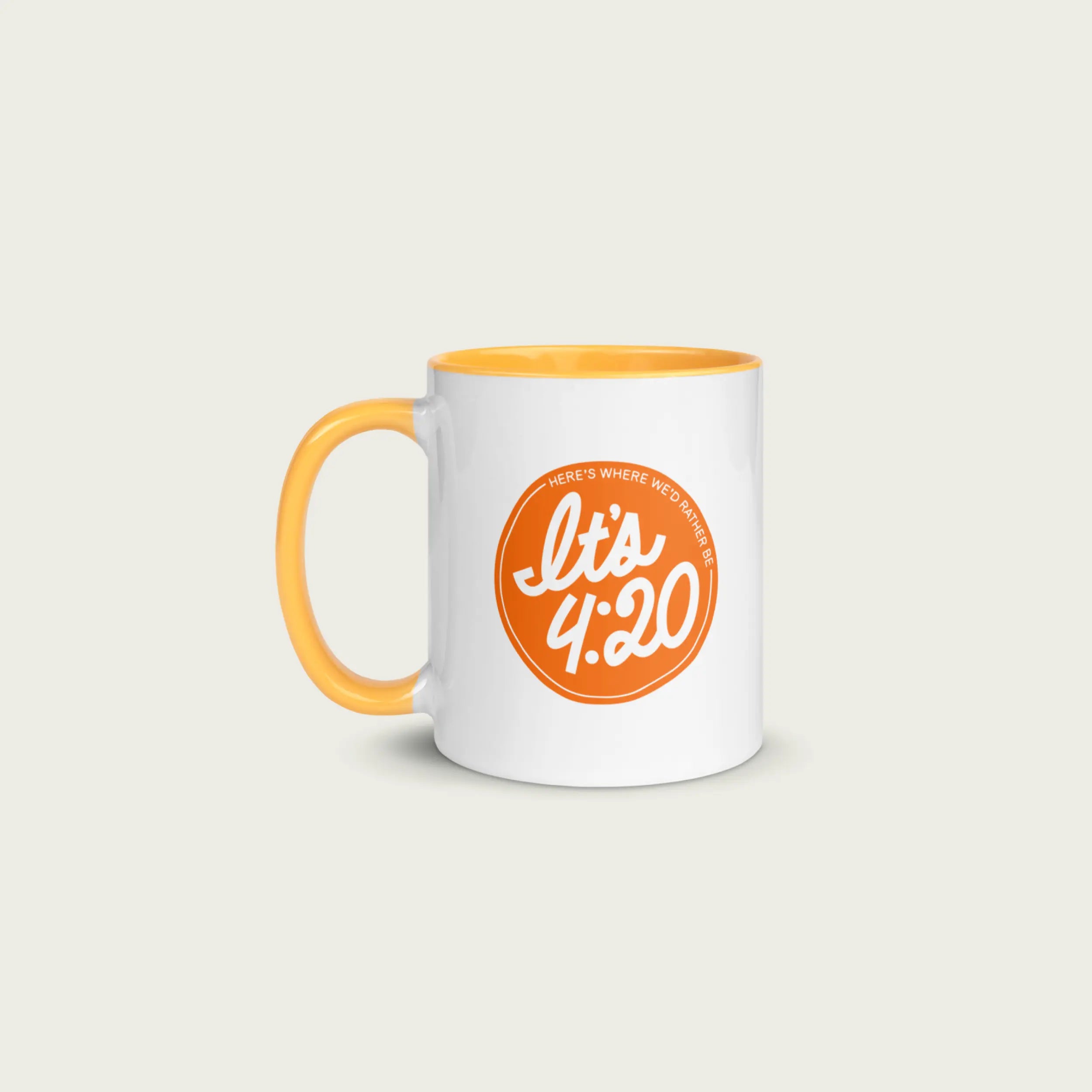 Coffee mug with 'It's 4:20, Here is Where I'd Rather Be' graphic