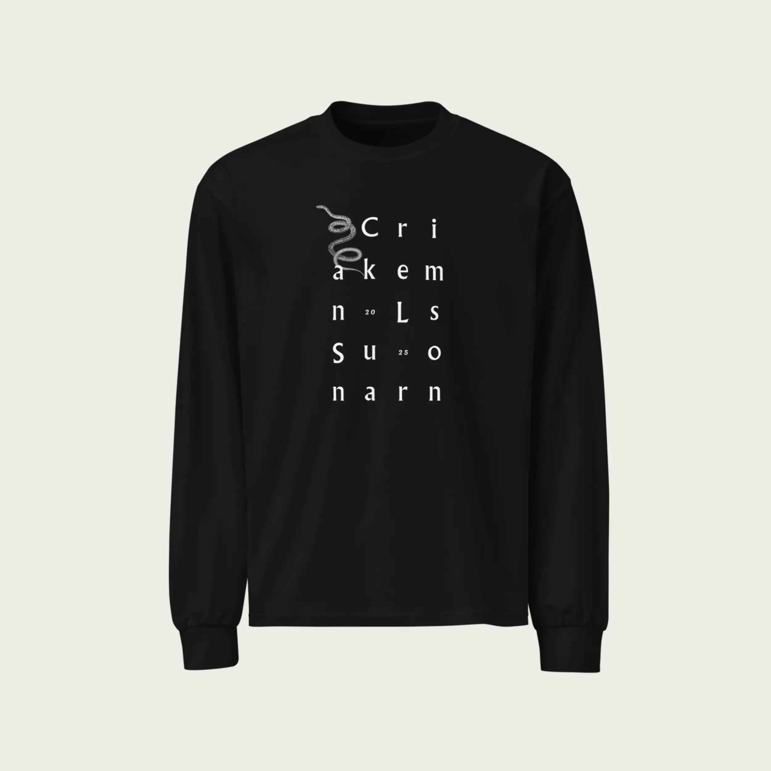 Minimalist black long sleeve tee showcasing a crimson ‘Year of the Snake’ graphic in traditional Old English typography.