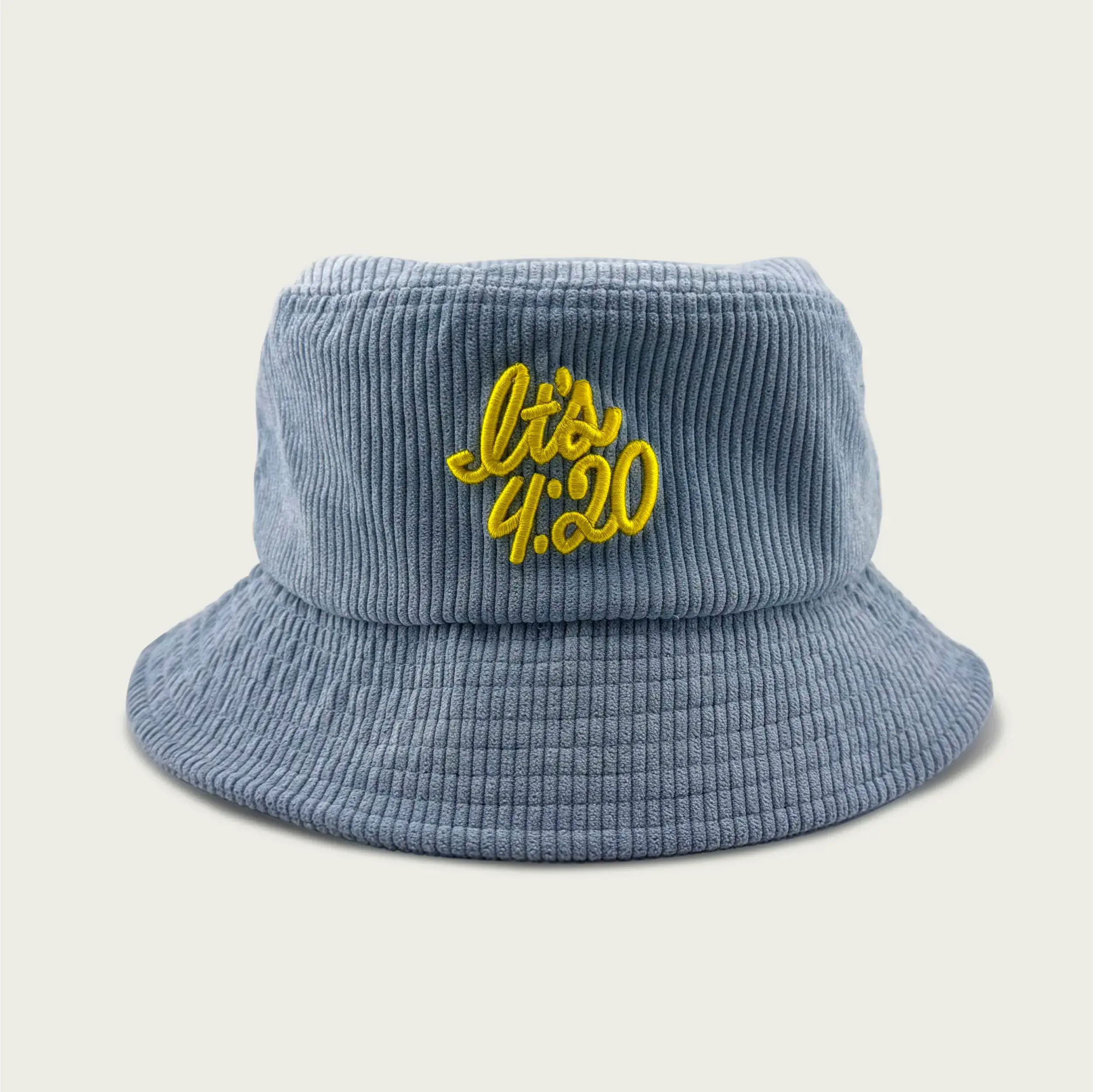 Session Goods baby blue corduroy bucket hat with embroidered “It’s 4:20” on the front.