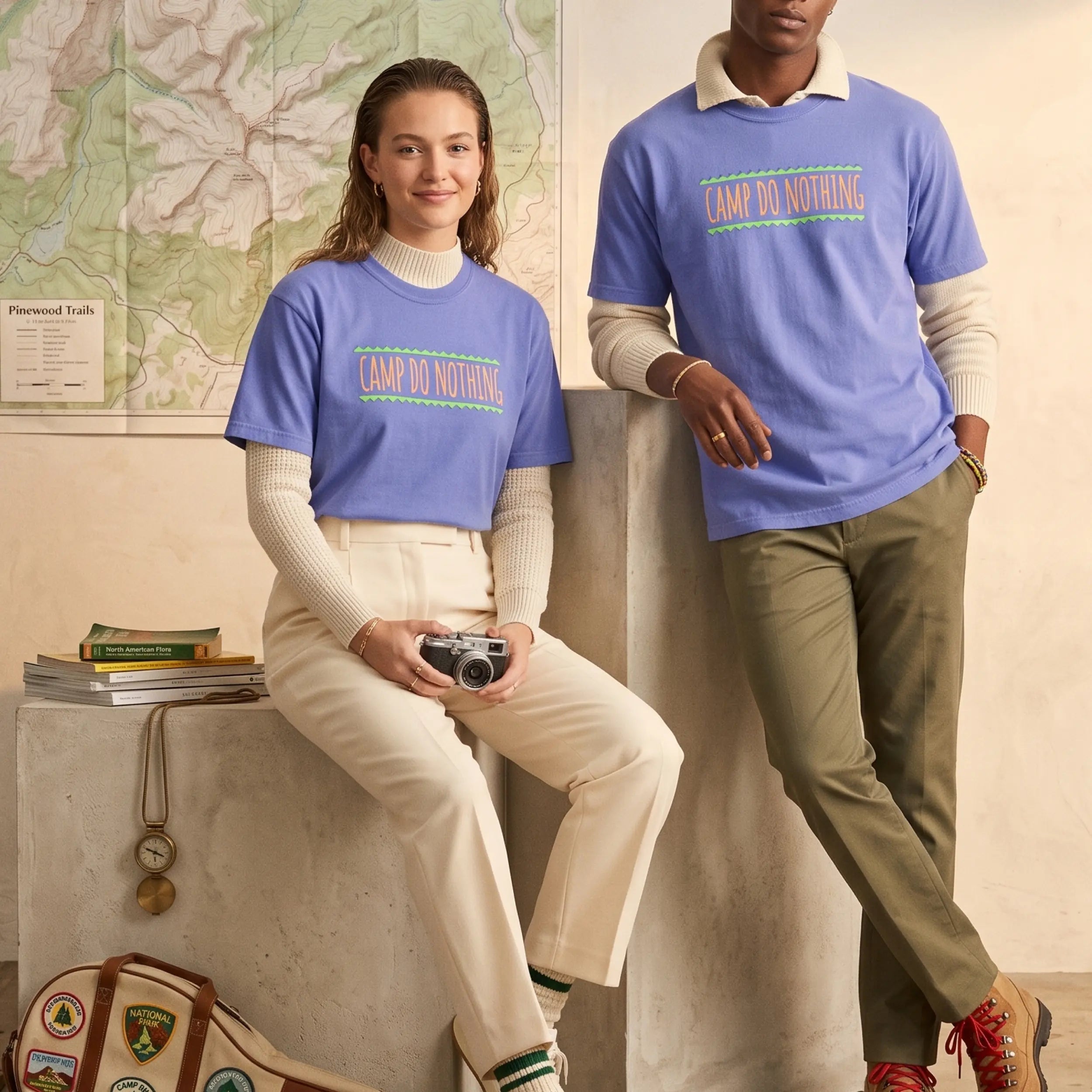 A lifestyle photo of a man and woman in an indoor setting with a rustic, exploration theme. Both wear the periwinkle 'CAMP DO NOTHING' t-shirt. The woman, sitting with a camera, layers hers over a cream turtleneck. The man, standing next to her and leaning, wears his over a cream knit polo collar. A large map of 'Pinewood Trails' and stacked books are in the background
