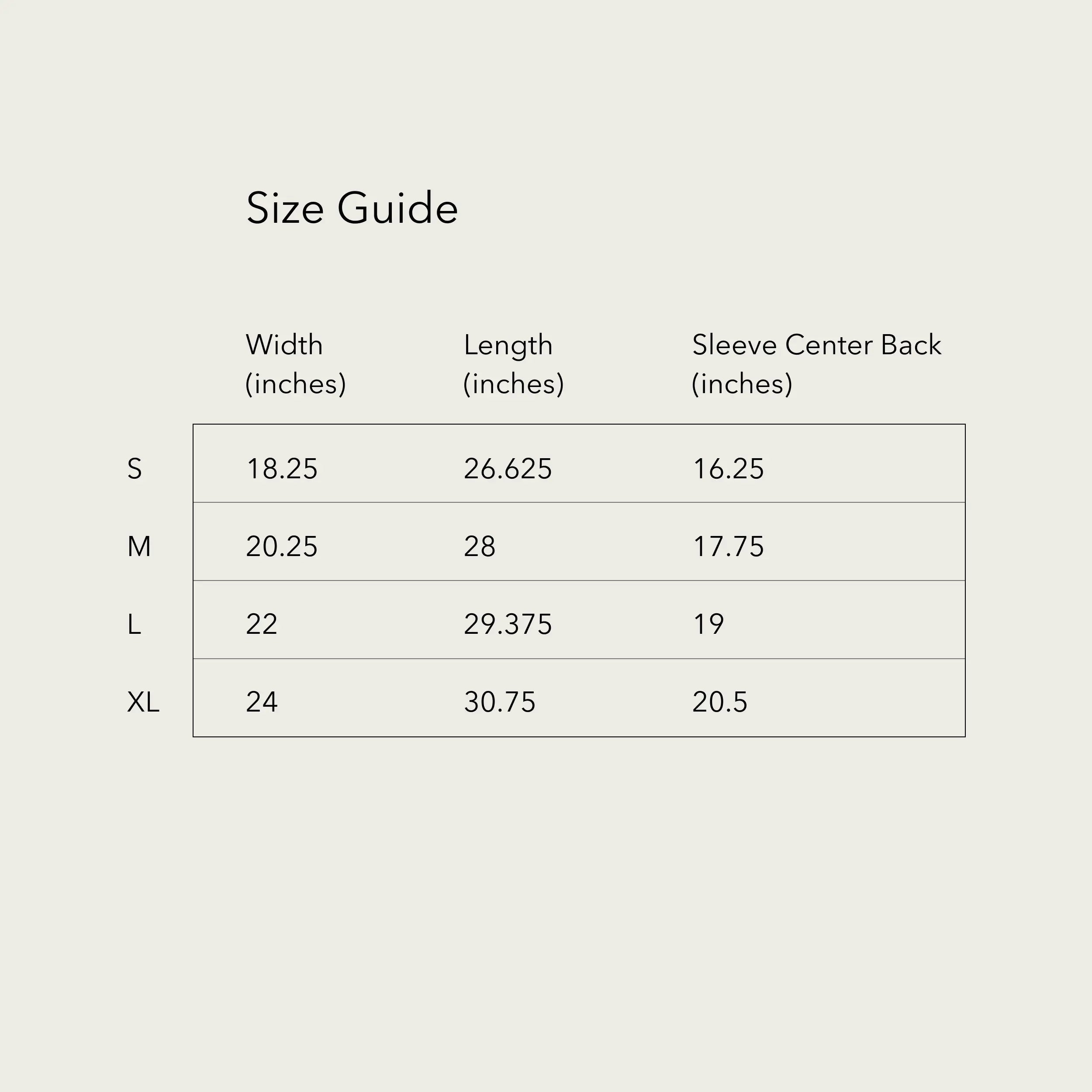 A clean-lined, tan and cream table titled 'Size Guide' presents measurements in inches for t-shirt sizes Small, Medium, Large, and Extra-Large. The table details 'Width', 'Length', and 'Sleeve Center Back' dimensions for each size in a simple, minimalist style.