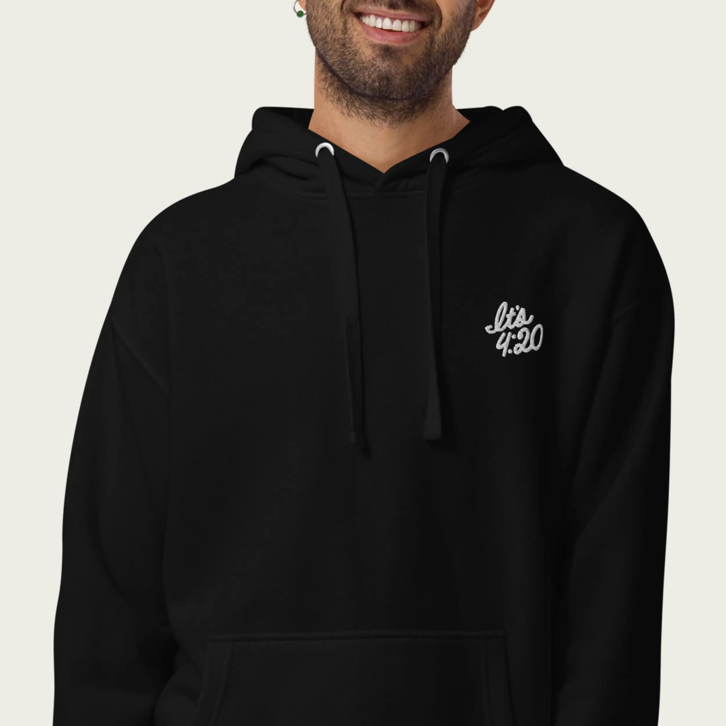 Session Goods black hoodie featuring subtle ‘It’s 4:20’ embroidery.