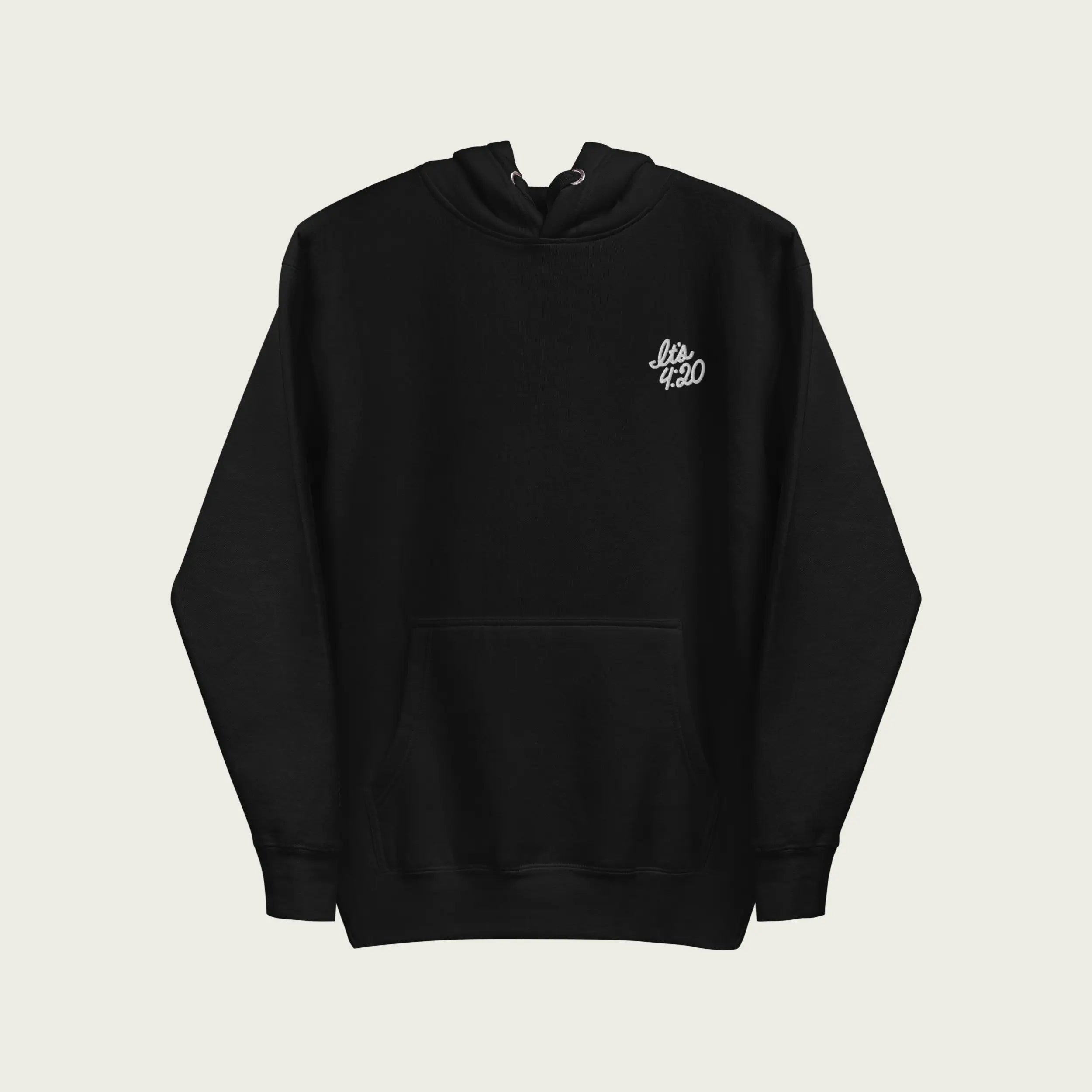 Comfortable black hoodie by Session Goods with ‘It’s 4:20’ embroidered on chest.