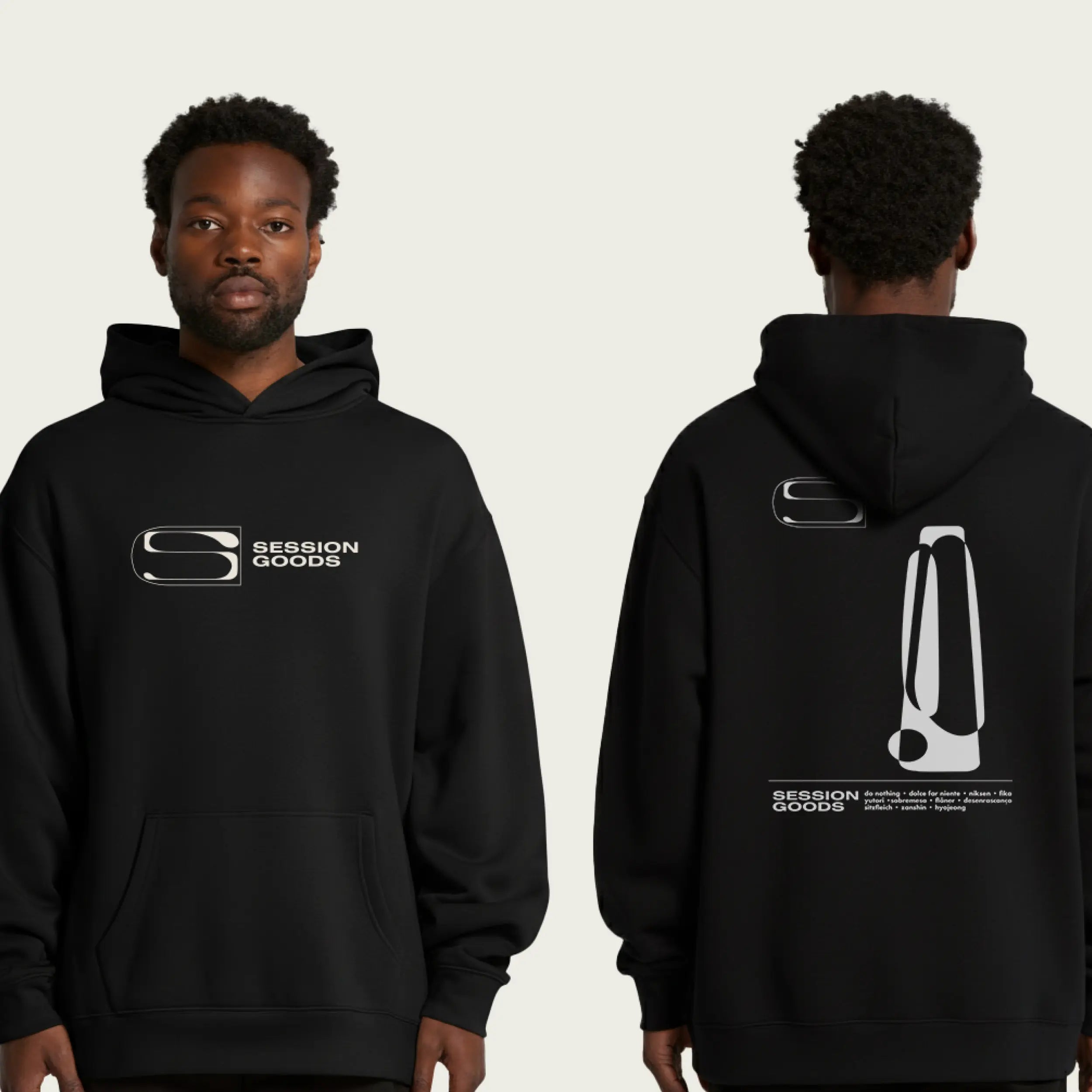 Black hoodie with Session Goods Normform logo on front and back, worn by a person.