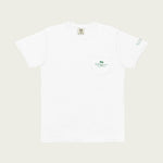 White Session Goods Rolling Garros club t-shirt with front pocket and small green palm tree logo.