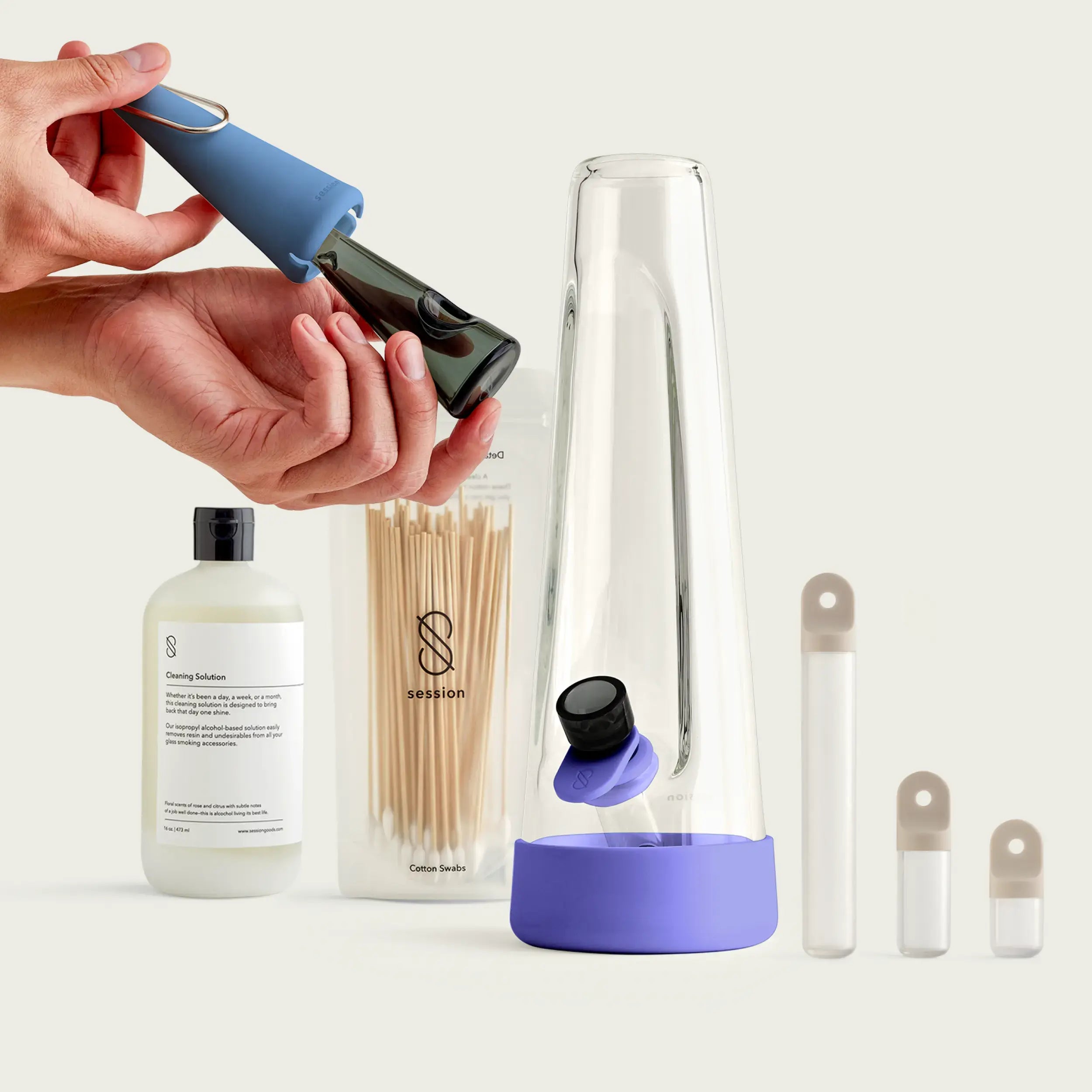 mother's day bundle featuring a session goods bong and pipe in moonlight with stash pods in memory and a cleaning kit
