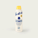 A close-up of the Vacation Classic Spray SPF 50 Sunscreen, highlighting its ergonomic spray nozzle designed for easy, even application, perfect for quick and efficient sun protection