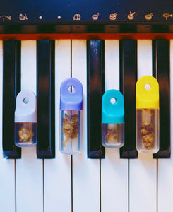 multi-colored stash pods, storing flower displayed in between piano keys